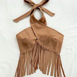 Brown Fringe Halter Crop Top